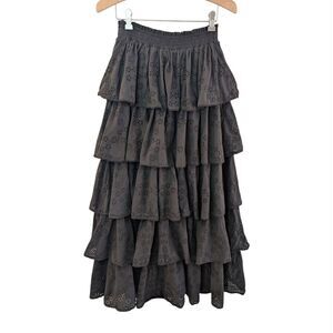 Hill House Noemi Eyelet Tiered Maxi Skirt Black Medium